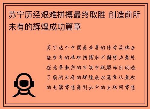 苏宁历经艰难拼搏最终取胜 创造前所未有的辉煌成功篇章