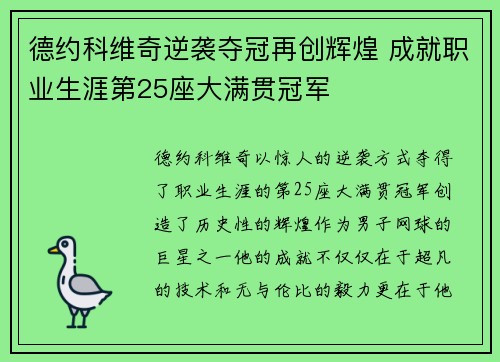 德约科维奇逆袭夺冠再创辉煌 成就职业生涯第25座大满贯冠军