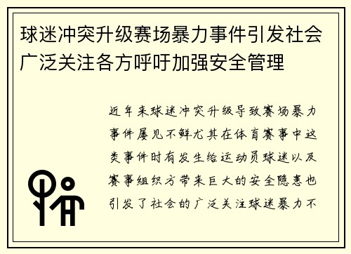 球迷冲突升级赛场暴力事件引发社会广泛关注各方呼吁加强安全管理